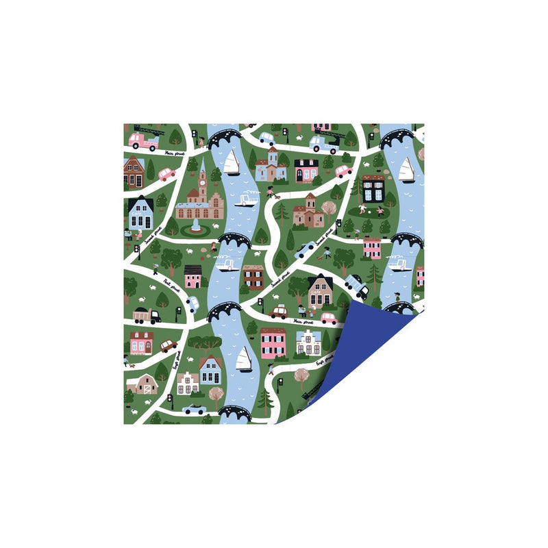 Afbeelding laden in galerijviewer, Kassaplan coated cadeaupapier dubbelzijdig 50cm 100m my little village blauw