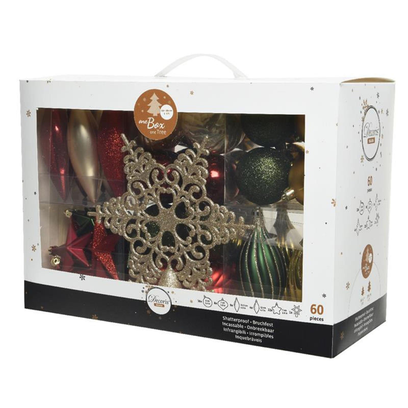 Chargez l'image dans la visionneuse de la galerie, Decoris onbreekbaar kerstballenset 59 assorti ballen met 1 piek pine green ossenbloed lichtgouden parel