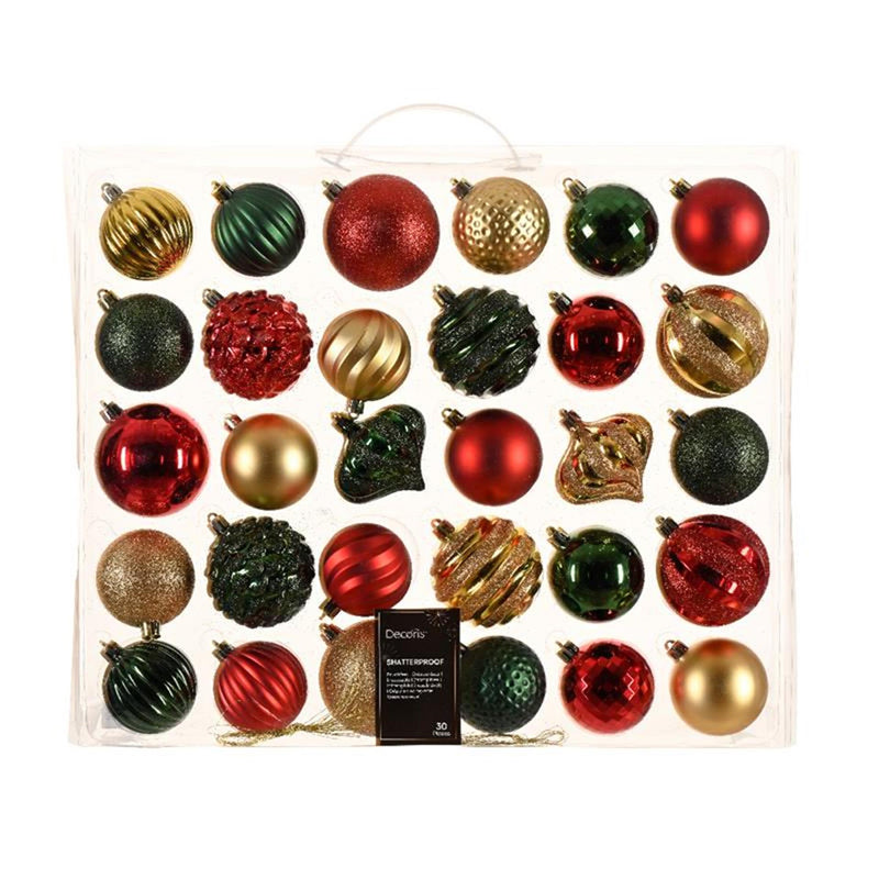 Cargue la imagen en el visor de la galería, Decoris kerstballen kunststof in box a 30 stuks| in de kleuren rood-groen-goud in verschillende maten en vormen.