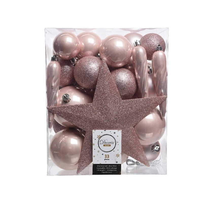 Afbeelding laden in galerijviewer, Decoris kerstballenset van kunststof roze box a 33 stuks