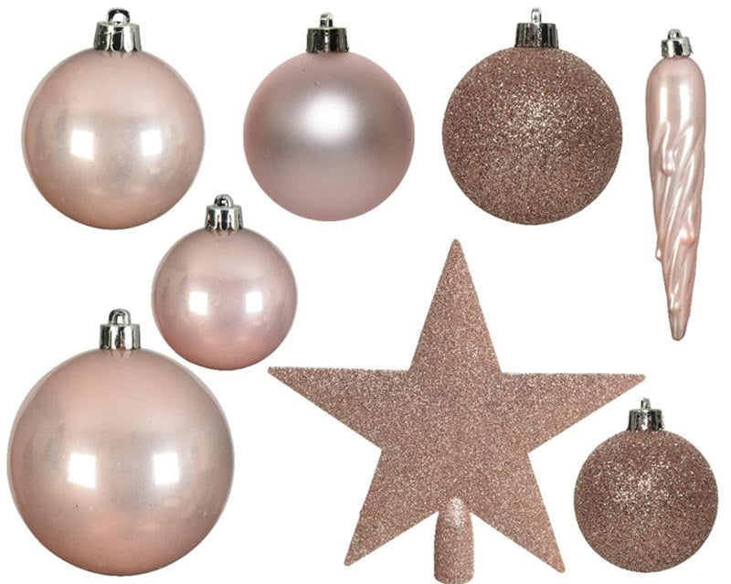 Afbeelding laden in galerijviewer, Decoris kerstballenset van kunststof roze box a 33 stuks