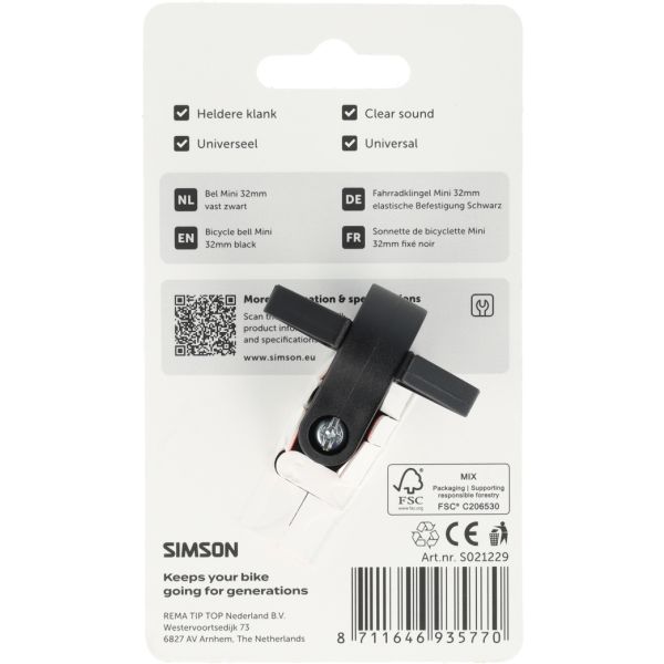 ギャラリービューアに画像をロードする, Simson fietsbel mini 32mm met vaste kunststof bevestiging - zwart