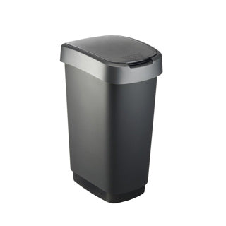 ギャラリービューアに画像をロードする, Rotho twist afvalbak met swingdesksel 50l - zwart zilver - bpa-vrij - incl 6 sticker voor diverse afvalstromen