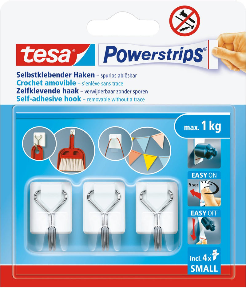 Load image into Gallery viewer, Tesa powerstrips haken small - wit - 3 x haak, 4 x strips - afneembare draadhaken - zonder boren