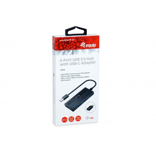 Load image into Gallery viewer, Equip 128956 4-port usb 3.0 hub with usb-c adapter, usb 3.2 gen 1 type-a, 5000 mbit s, black
