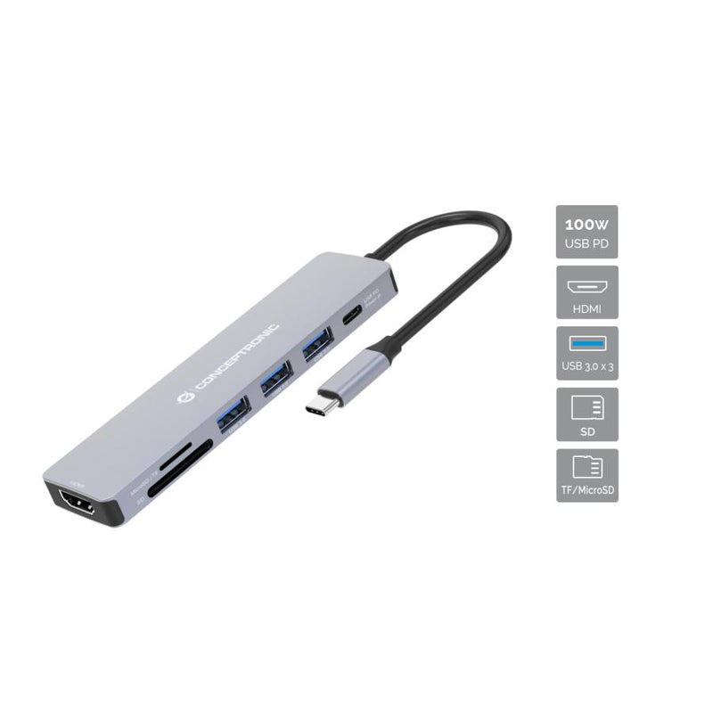 Load image into Gallery viewer, Conceptronic donn19g 7-in-1 usb 3.2 gen 1 docking station, hdmi, usb-a 3.0 x 3, sd, tf microsd, 100w