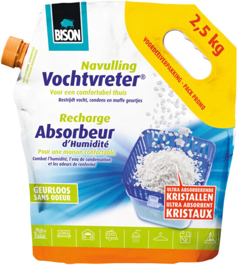 Afbeelding laden in galerijviewer, Bison vochtvreter® losse kristallen neutraal zak 2.5 kg, navulling voor een vochtvreter®, eenvoudig in gebruik, geschikt voor alle navullingen, voor alle woonruimtes, campers, caravans