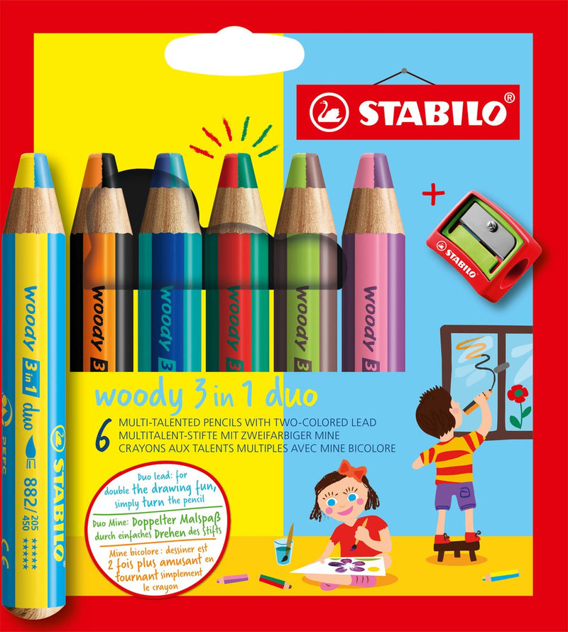 Afbeelding laden in galerijviewer, Stabilo woody 3 in 1 duo - multi talent kleurpotloden - etui met 6 kleuren puntenslijper