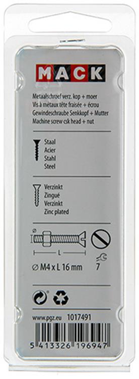 Afbeelding laden in galerijviewer, Mack 1017491 - metaalschroef verz. kop + moer verz. 20st m4 x 16 mm | 10 stuks