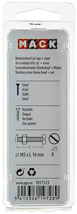 Afbeelding laden in galerijviewer, Mack 1017523 - metaalschroef cyl. kop + moer verz. 16 st m5 x 16 mm | 10 stuks