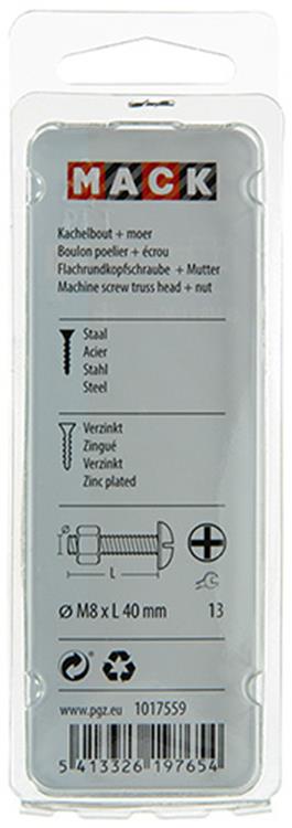 Afbeelding laden in galerijviewer, Mack 1017559 - kachelbout + moer staal verzinkt 5 st m8 x 40 mm | 5 stuks