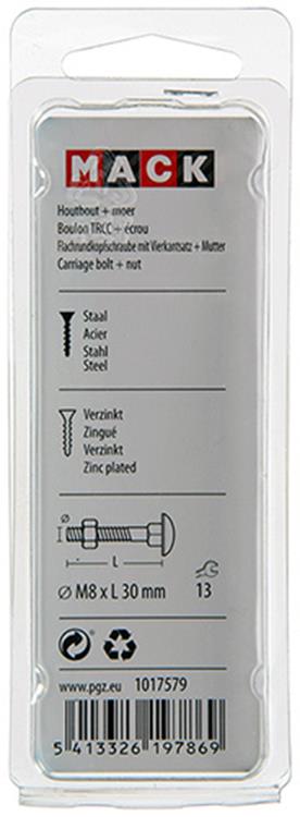 Afbeelding laden in galerijviewer, Mack 1017579 - houtbout + moer staal verzinkt6 st m8 x 30 mm | 5 stuks