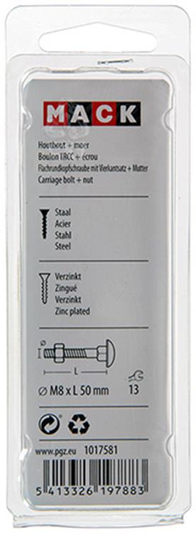 Afbeelding laden in galerijviewer, Mack 1017581 - houtbout + moer staal verzinkt5 st m8 x 50 mm | 5 stuks