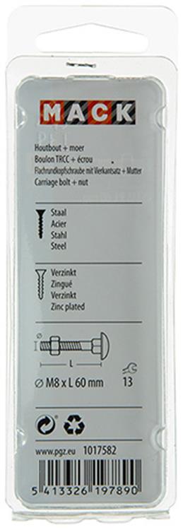 Laden Sie das Bild in Galerie -Viewer, Mack 1017582 - houtbout + moer staal verzinkt4 st m8 x 60 mm | 5 stuks
