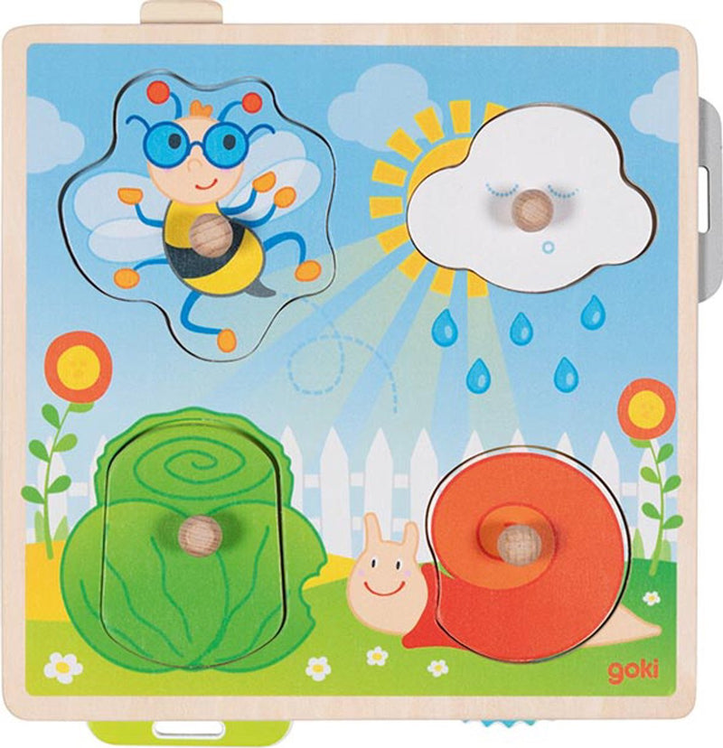 Afbeelding laden in galerijviewer, Goki puzzel: in de tuin 21,8x22,5x2,8cm, 4-delig, met achtergrondafbeeldingen, hout, 1+