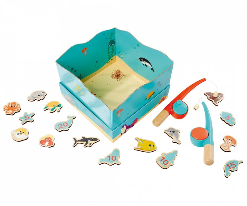 Afbeelding laden in galerijviewer, Simba houten visspel educatief speelgoed aquarium magneet hengel 19-delig.