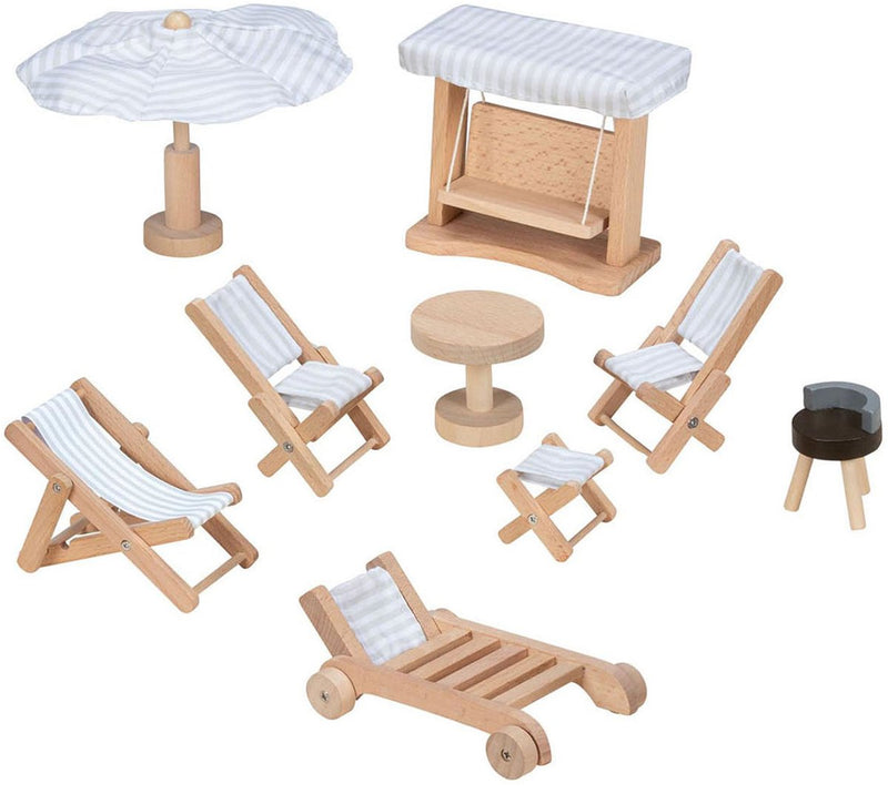 Afbeelding laden in galerijviewer, Goki poppenhuismeubeltjes: tuinmeubelen, 9-delig, schommel h10,5cm, hout en tekstiel, 3+