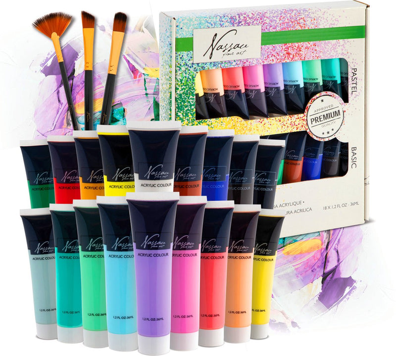 Afbeelding laden in galerijviewer, Nassau fine art hobbyverf acrylverf set 18pcs - 36ml verf tubes - acrylverf kinderen en volwassenen - 9 pastel 9 basis kleuren - verf kinderen knutselen - kinder verf set