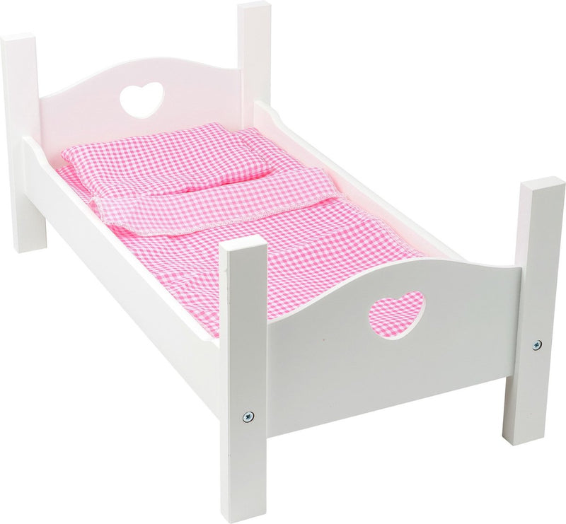 Afbeelding laden in galerijviewer, Small foot houten poppenbed met beddengoed 50 cm wit roze