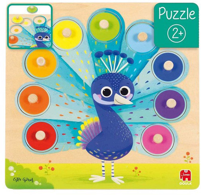 Afbeelding laden in galerijviewer, Goula jumbo - houten noppenpuzzel pauw, 9st.