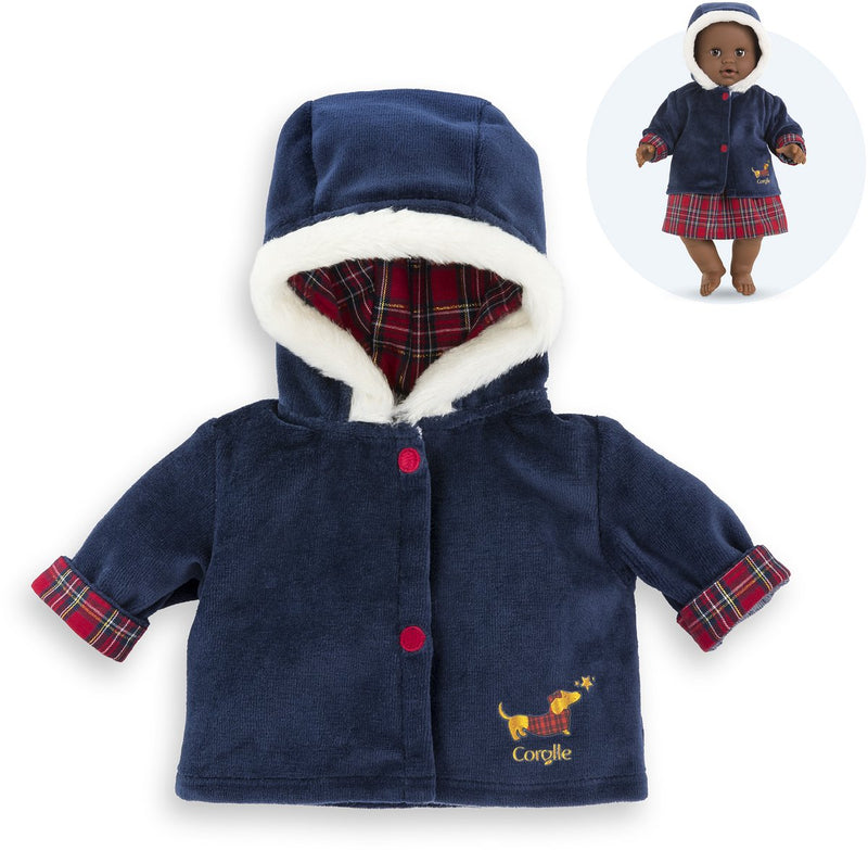 Afbeelding laden in galerijviewer, Corolle babypop winterjas - donkerblauw, bontkraag, 36cm poppen.