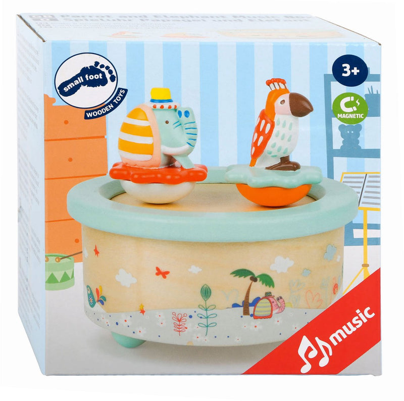 Afbeelding laden in galerijviewer, Small foot - houten muziekdoos papegaai en olifant