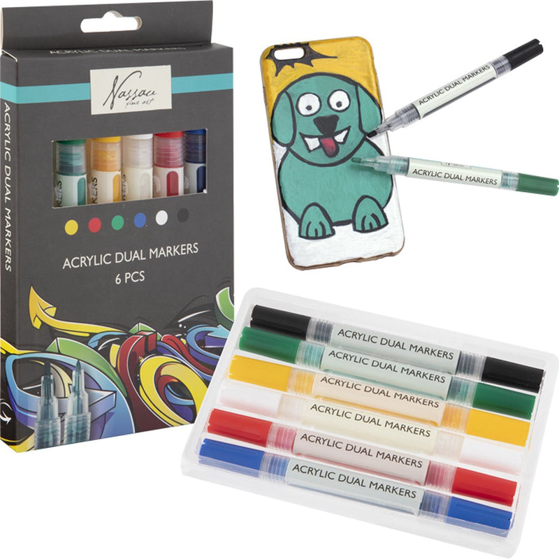 ギャラリービューアに画像をロードする, Nassau fine art professionele acrylstiften | 6 verschillende kleuren | doppelmarkers | geschikt voor stenen - schoenen - glas - plastic - hout - kleding