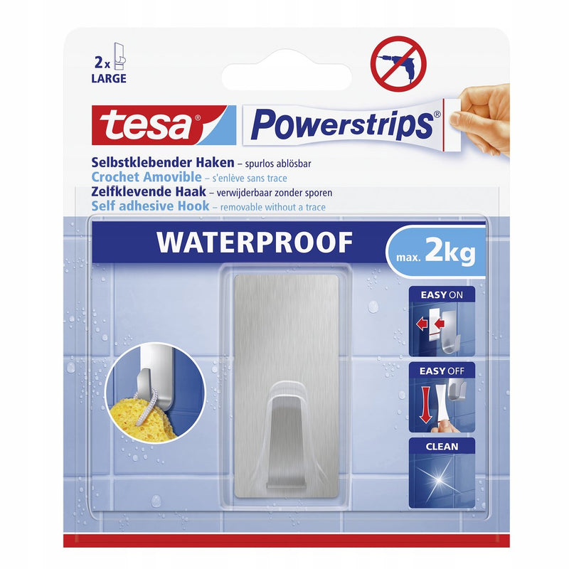 Afbeelding laden in galerijviewer, Tesa ® powerstrips waterproof kleefhaak l - rechthoekig - montage zonder boren - roestvrij staal (rvs) - draagkracht 2 kg - voor badkamer en douche