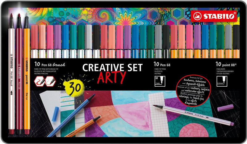 ギャラリービューアに画像をロードする, Stabilo arty creative set pen 68 stiften en point 88 fineliners in metalen etui - 30dlg.
