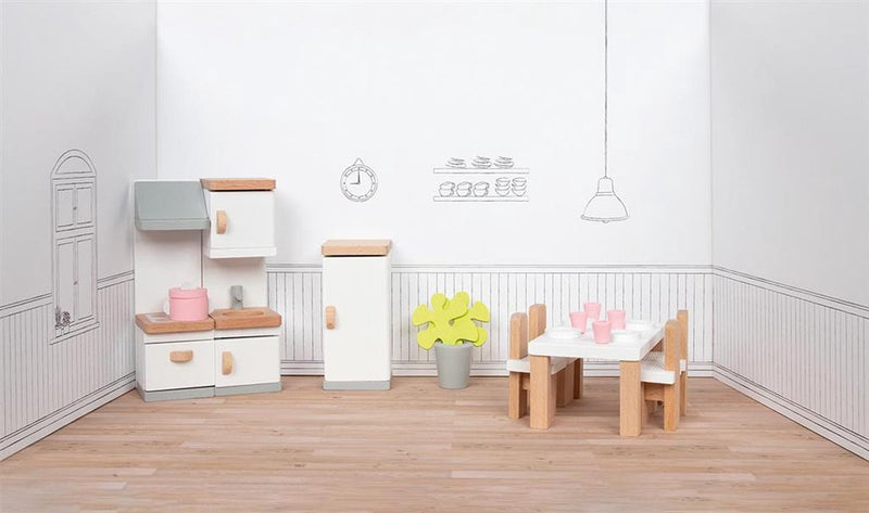 Afbeelding laden in galerijviewer, Goki poppenhuismeubeltjes: design keuken, 20-delig, 10x6,5x5cm (tafel), beukenhout en stof, 3+