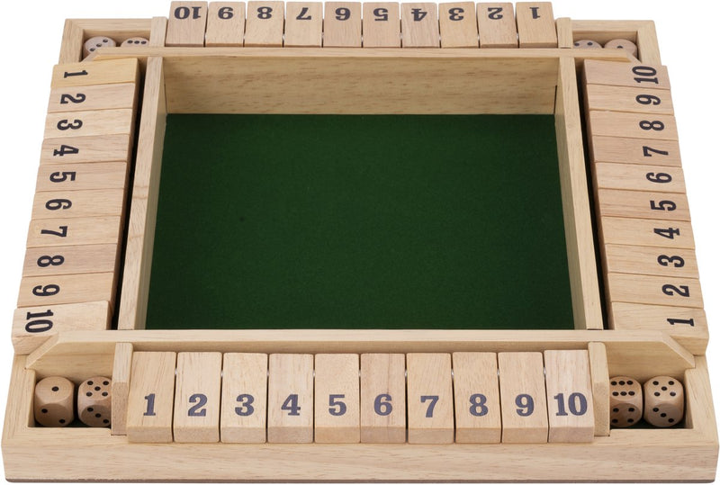 Afbeelding laden in galerijviewer, Longfield shut the box – 4 spelers – rubberhouten bak met ingelegd vilt – inclusief 8 houten dobbelstenen – bordspel 29 x 29 x 3,5 cm – strategisch familiespel – engelhart