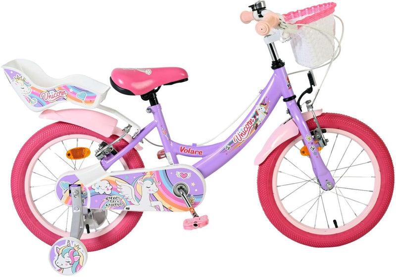 Afbeelding laden in galerijviewer, Volare unicorn kinderfiets - meisjes - 16 inch - paars - twee handremmen