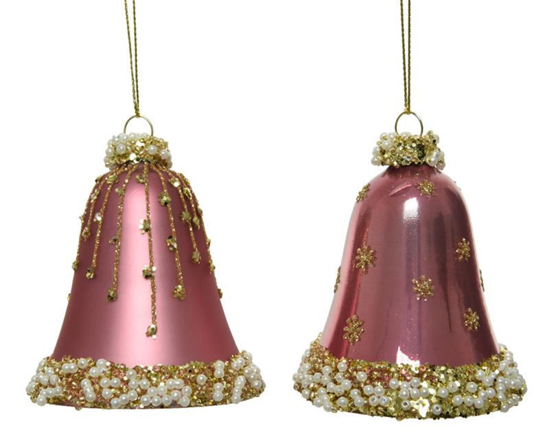 Cargue la imagen en el visor de la galería, Decoris glazen kerstornamenten in vorm van gedecoreerde klokjes dia 6.5cm x 8 cm velours roze