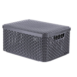 Afbeelding laden in galerijviewer, Curver style mand m met deksel rotanstyle antraciet (lxbxh 38x28x19cm)