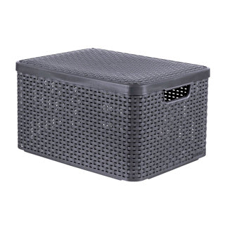 Afbeelding laden in galerijviewer, Curver style mand l met deksel rotanstyle antraciet (lxbxh 44x32x25cm)