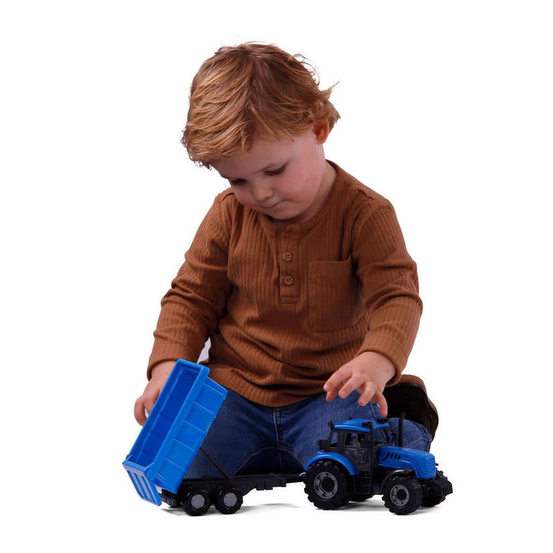 Afbeelding laden in galerijviewer, Cavallino tractor met kiepwagen aanhangwagen blauw, schaal 1:32