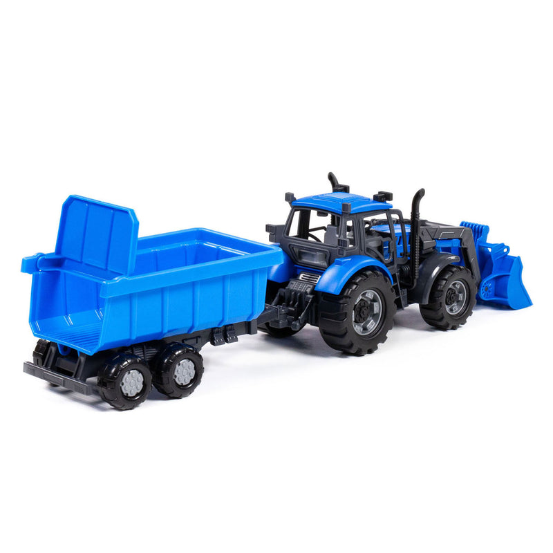 Load image into Gallery viewer, Cavallino tractor met lader en aanhang kiepwagen blauw, schaal 1:32