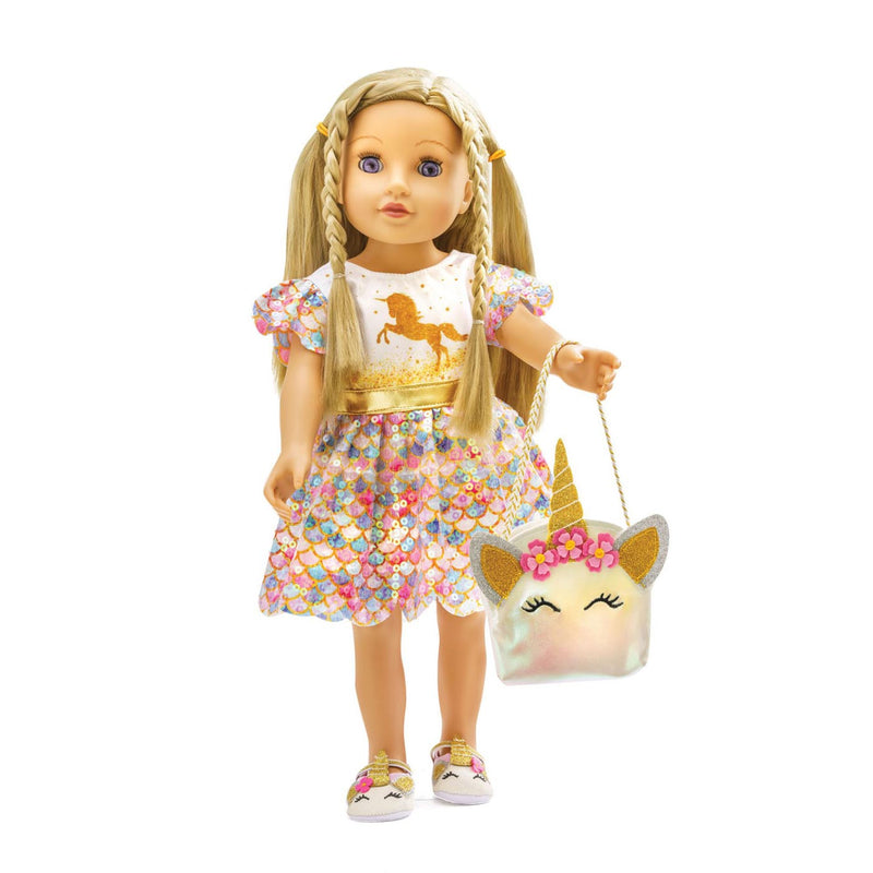 Afbeelding laden in galerijviewer, Heless pu-glitzerkleid einhorn goldy,gr.35-45cm