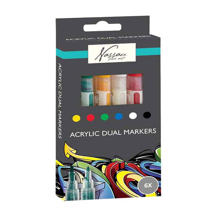 ギャラリービューアに画像をロードする, Nassau fine art professionele acrylstiften | 6 verschillende kleuren | doppelmarkers | geschikt voor stenen - schoenen - glas - plastic - hout - kleding