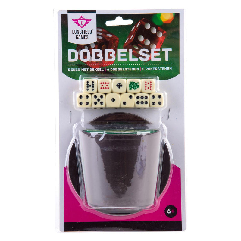 Afbeelding laden in galerijviewer, Longfield pokerbeker met deksel – inclusief 2 sets dobbelstenen (16 mm) – dobbelset – klassiek dobbelspel familiespel – engelhart