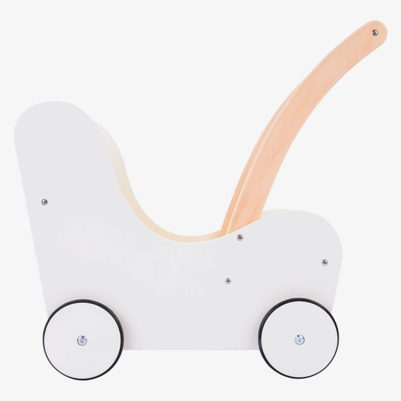 Afbeelding laden in galerijviewer, Engelhart poppen loopwagen roze wit – houten poppenwagen met matrasje, dekentje, kussentje opbergtas – geschikt voor alle poppen –