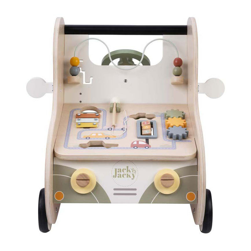 Afbeelding laden in galerijviewer, Jack jacky houten loopwagen met educatieve activiteiten – multi functional car – activiteiten loopwagen – walker speelgoed – motoriek cognitieve ontwikkeling – educatief houten speelgoed – jack jacky