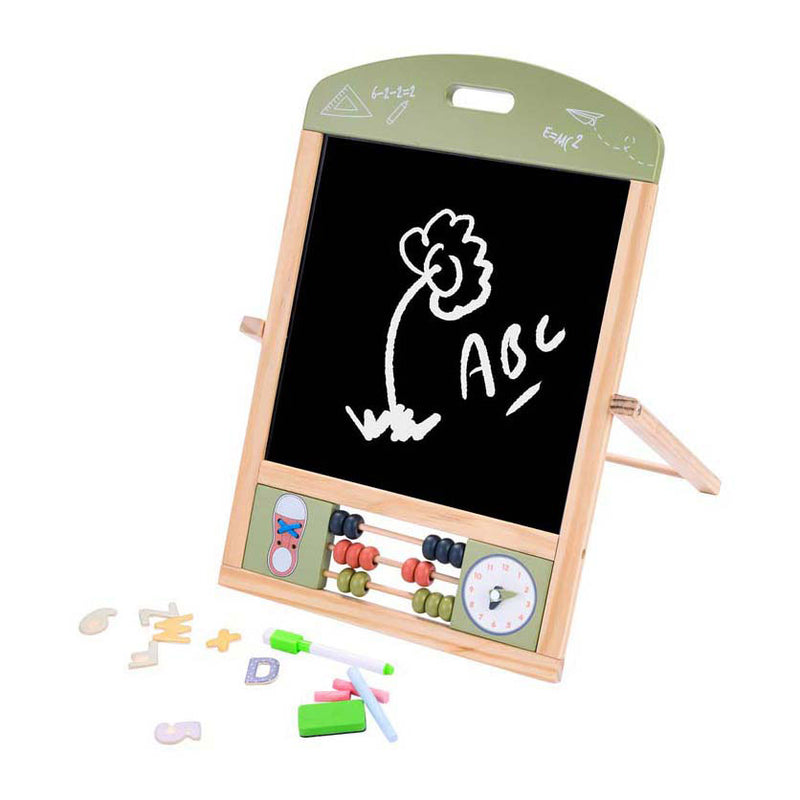 Afbeelding laden in galerijviewer, Jack jacky tafel schoolbord whiteboard – multifunctioneel 2-in-1 educatief speelbord – krijt- en magnetisch bord – leerbord met klok telraam – motoriek leren oefenen – inclusief accessoires – engelhart