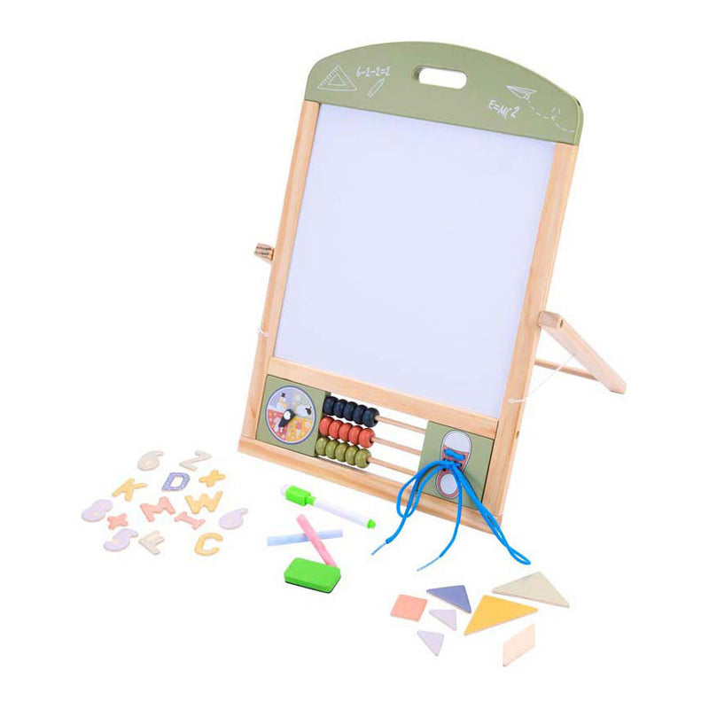 Afbeelding laden in galerijviewer, Jack jacky tafel schoolbord whiteboard – multifunctioneel 2-in-1 educatief speelbord – krijt- en magnetisch bord – leerbord met klok telraam – motoriek leren oefenen – inclusief accessoires – engelhart