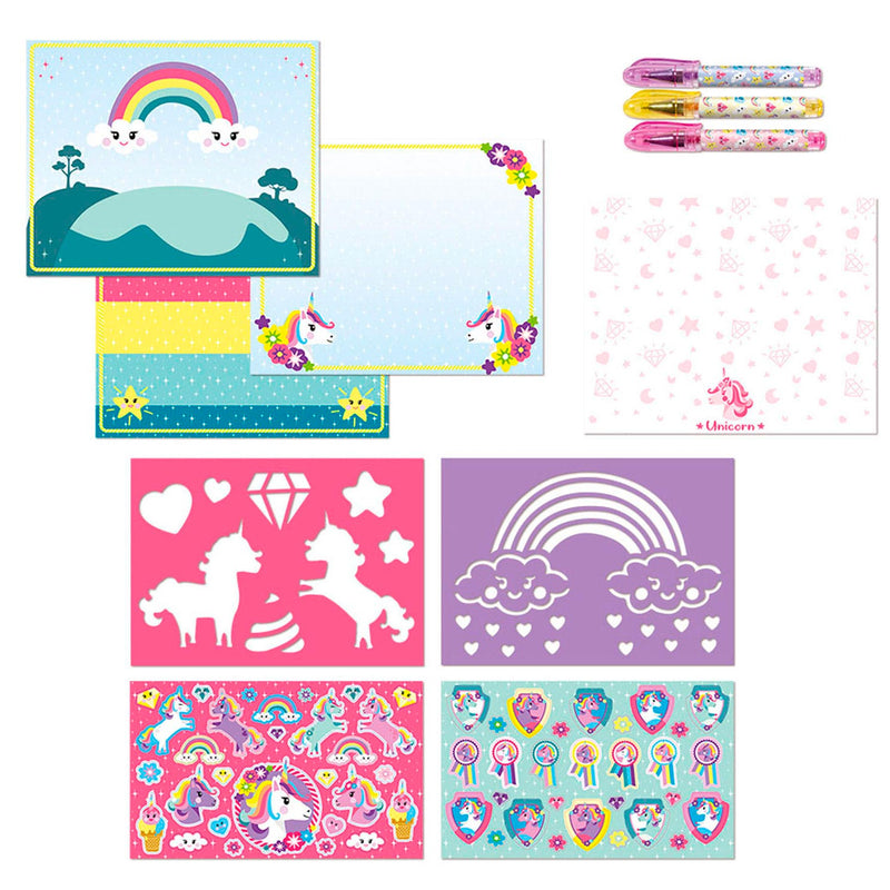 Afbeelding laden in galerijviewer, Totum unicorn designer vakantie doeboek stickeren, tekenen en schrijven - creatief speelgoed meisjes vanaf 3 jaar - 25 delig - incl. stickers en sjablonen knutselen