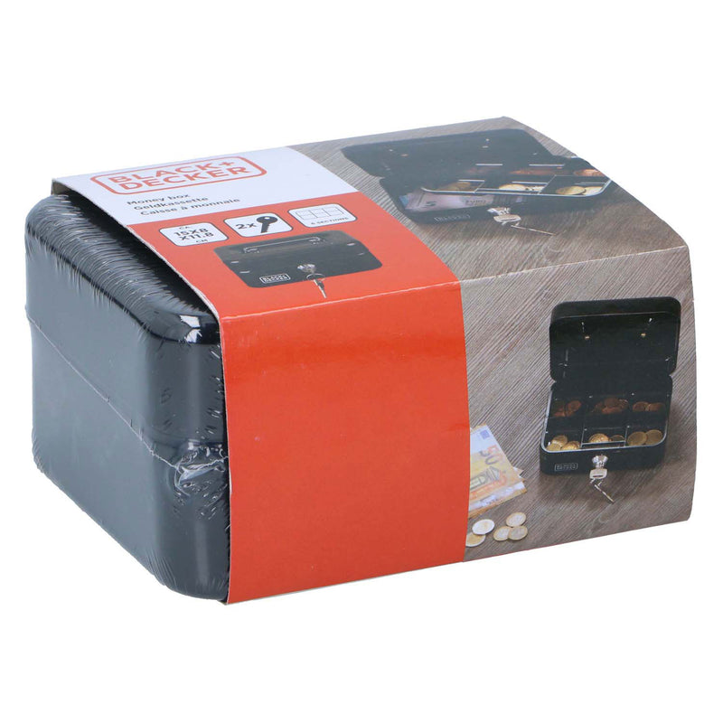 Load image into Gallery viewer, Black+decker geldkistje zwart met sleutel, 6 vakken