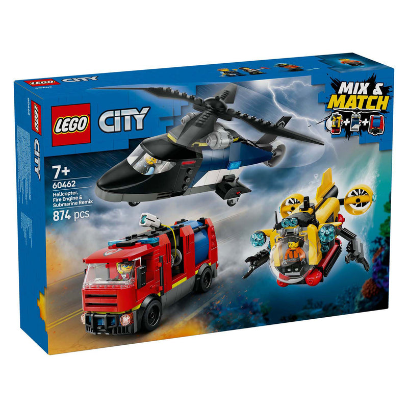 Load image into Gallery viewer, Lego city 60462 helikopter, brandweerauto en onderzeeer remix