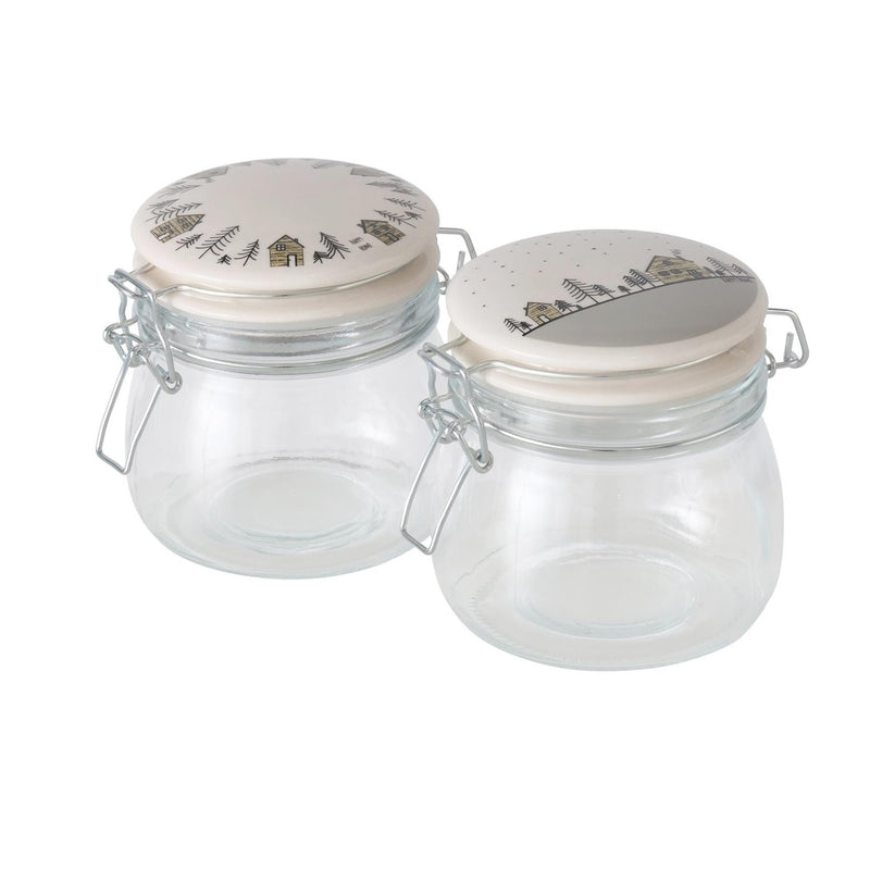 Afbeelding laden in galerijviewer, Boltze home voorraadpot homewood glas met keramieken klemdeksel met afbeelding van huisjes 450ml- h12cm dia10cm