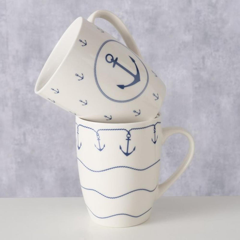 Afbeelding laden in galerijviewer, Boltze home mok 'bã¼sum' 350 ml wit met blauw anker motief dia.8,5x10,5cm porselein 2 assorti