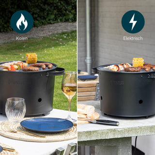 ギャラリービューアに画像をロードする, Princess 112240 hybrid bucket barbecue | elektrisch | houtskool (zwart, ø 32 cm | incl. luxe bamboe serveer- en snijplank)